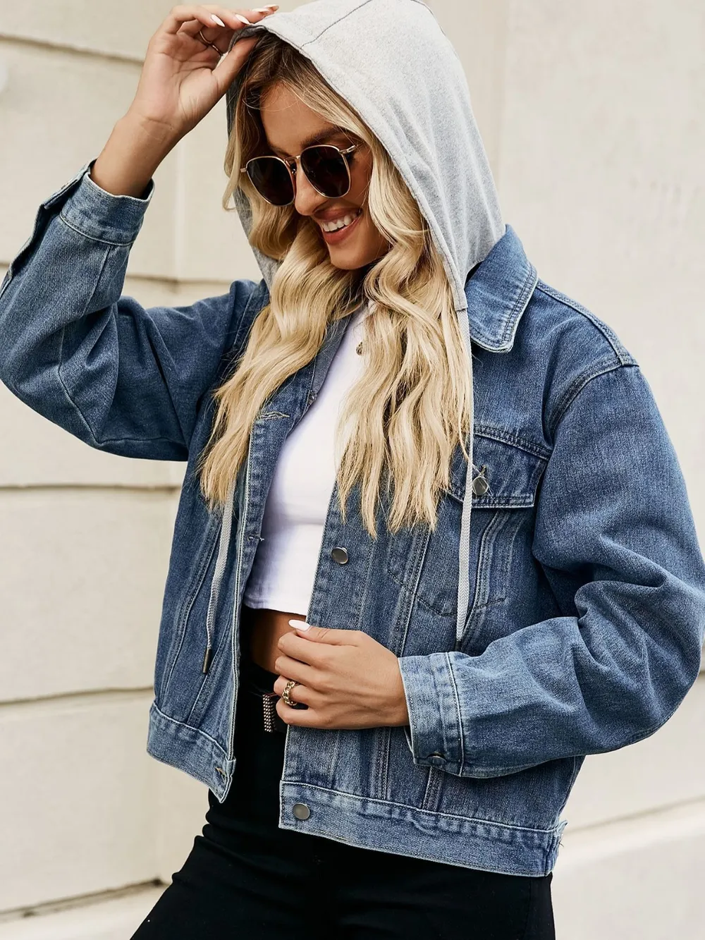 Drawstring Hooded Button Up Denim Jacket, image 4