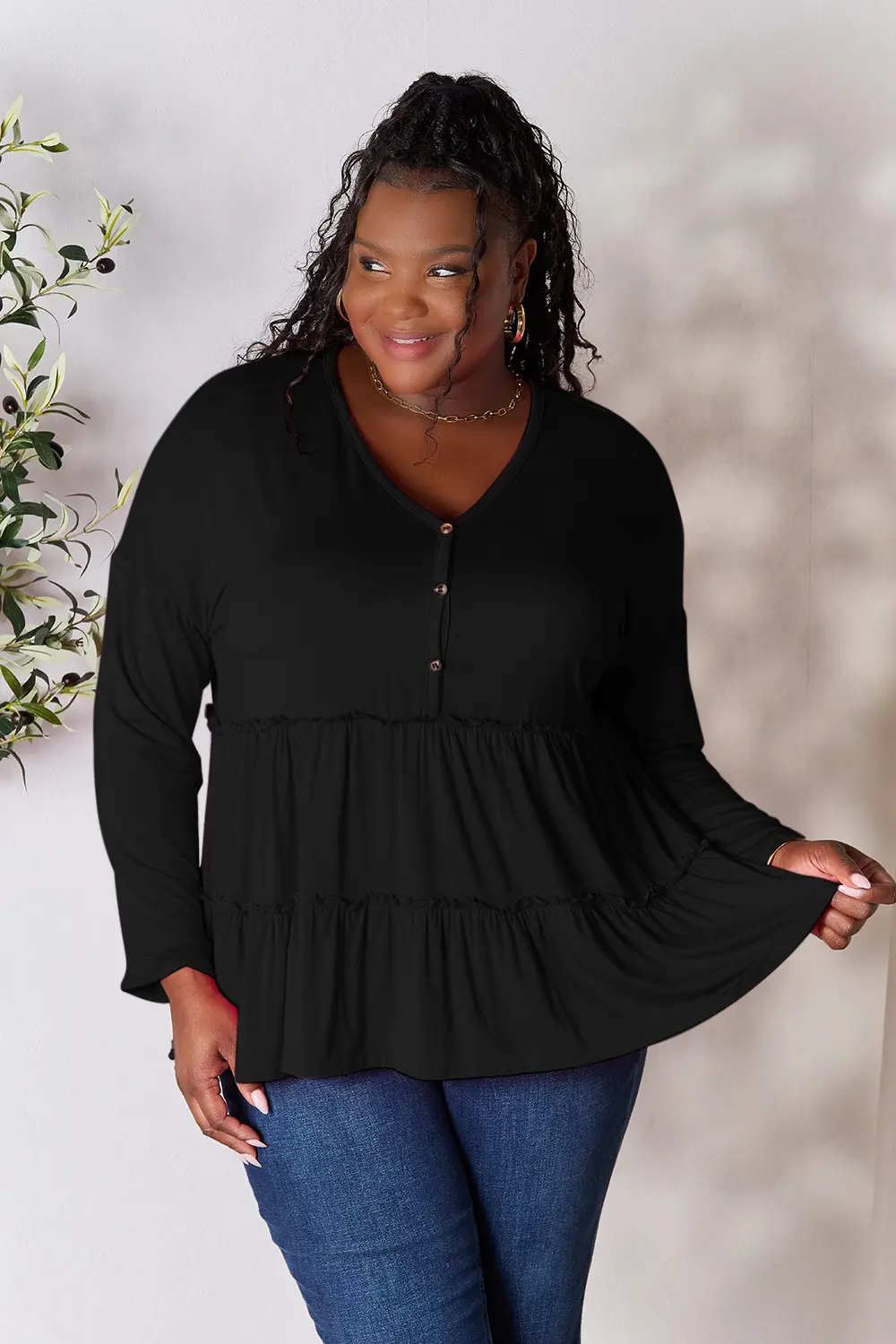 Half Button Long Sleeve Ruffle Hem Blouse, image 19
