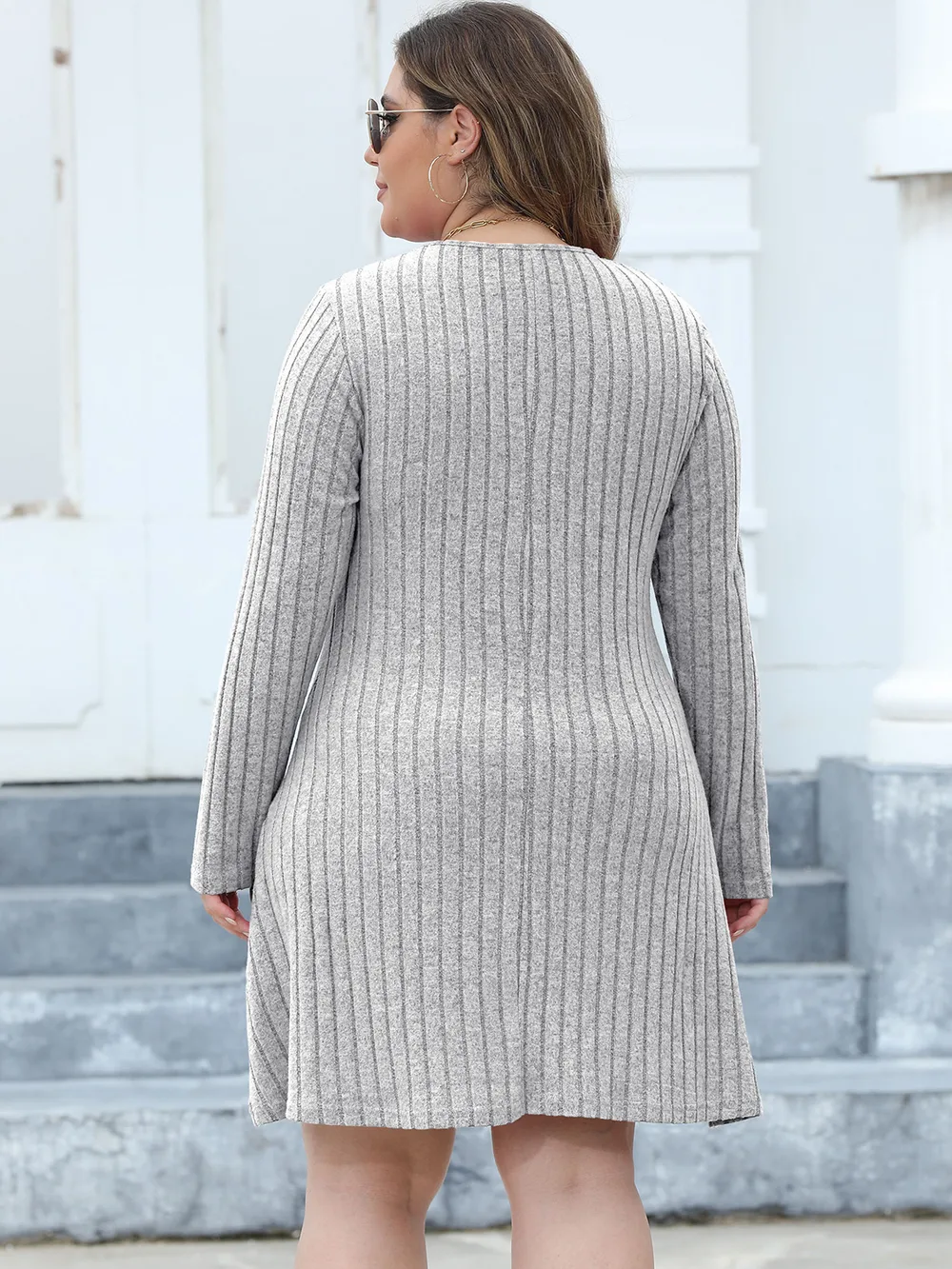 Plus Size Ribbed Buttoned V-Neck Long Sleeve Dress, image 13
