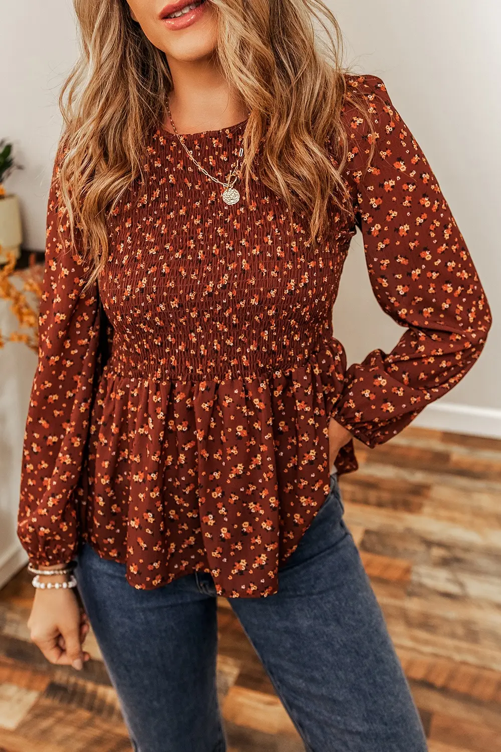 Floral Smocked Ruffle Hem Long Sleeve Blouse, image 4