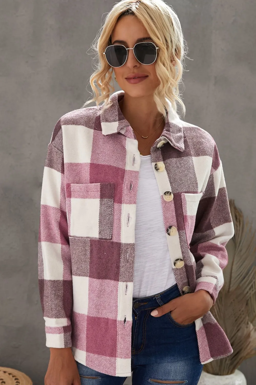 Plaid Button Up Dropped Shoulder Jacket, image 7