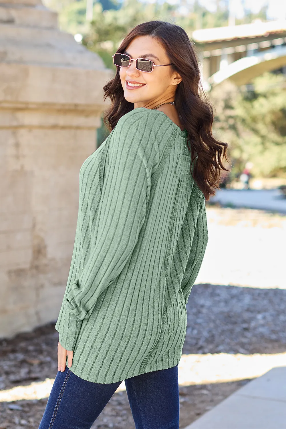 Full Size Ribbed Round Neck Long Sleeve Knit Top, image 11