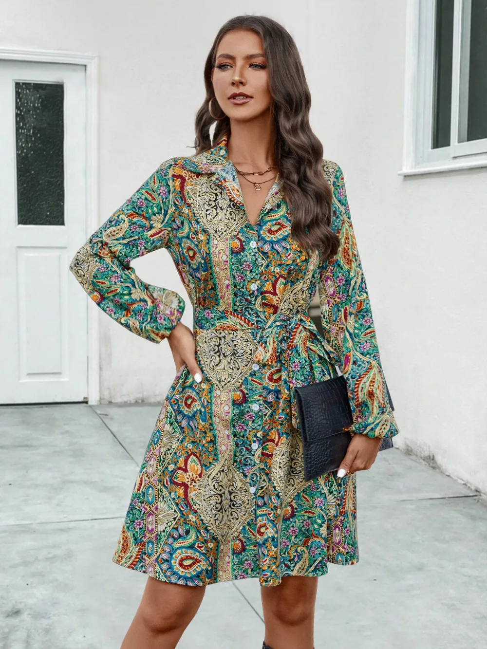 Printed Collared Neck Long Sleeve Dress, image 3