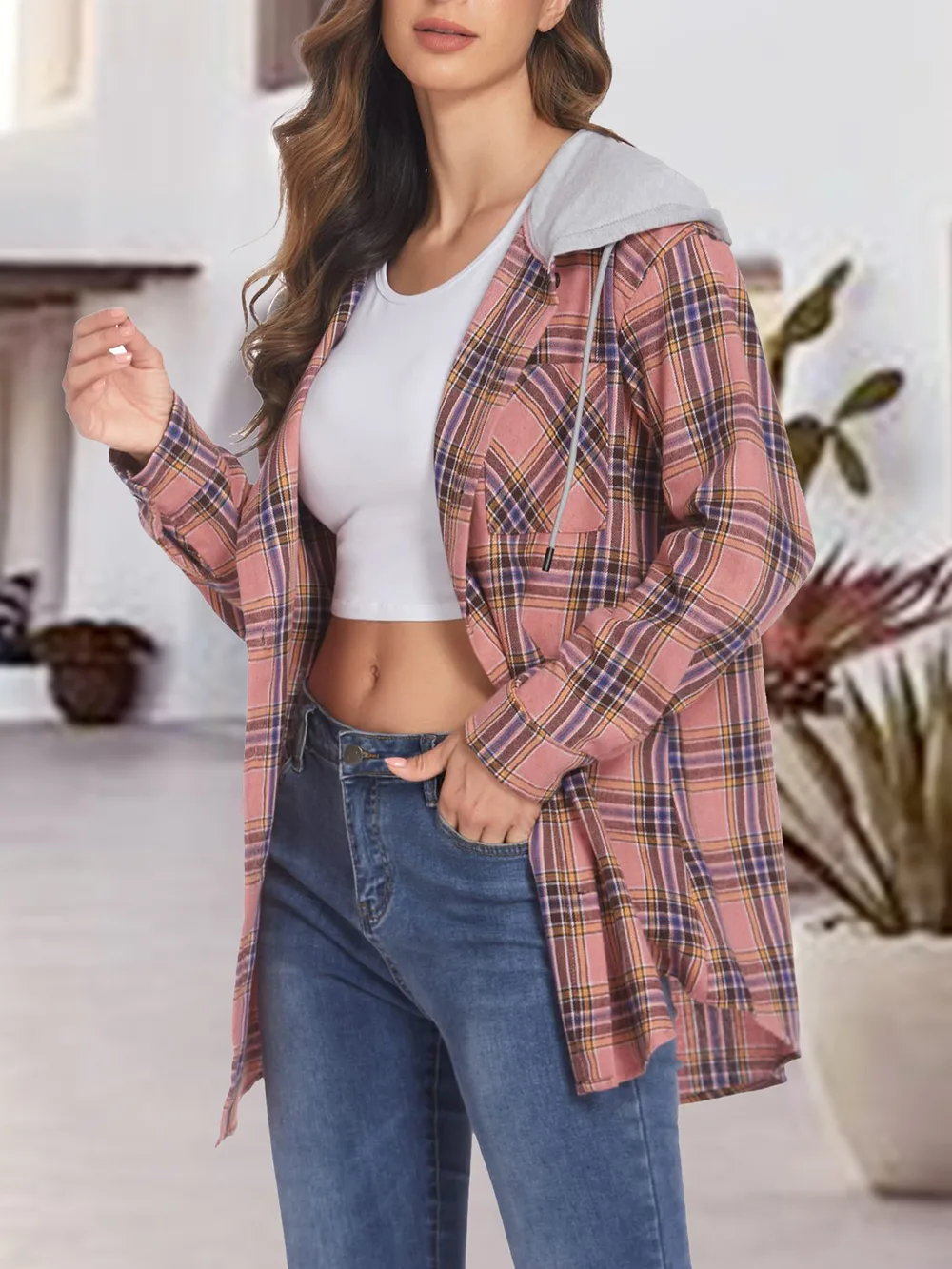 Plaid Drawstring Button Up Hooded Jacket, image 14