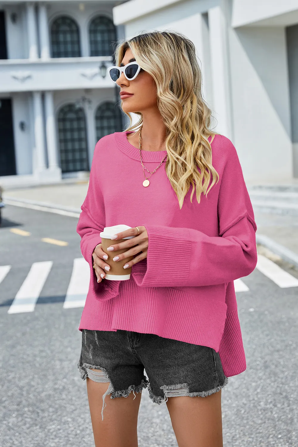 High-Low Slit Round Neck Long Sleeve Sweater, image 5