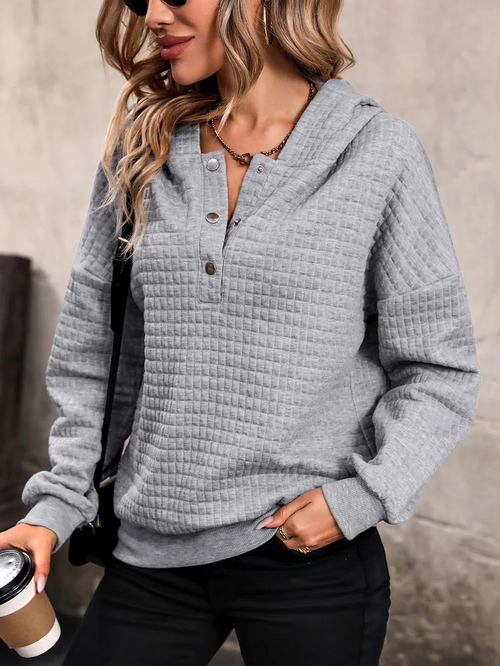 Waffle-Knit Half Button Hoodie, image 5