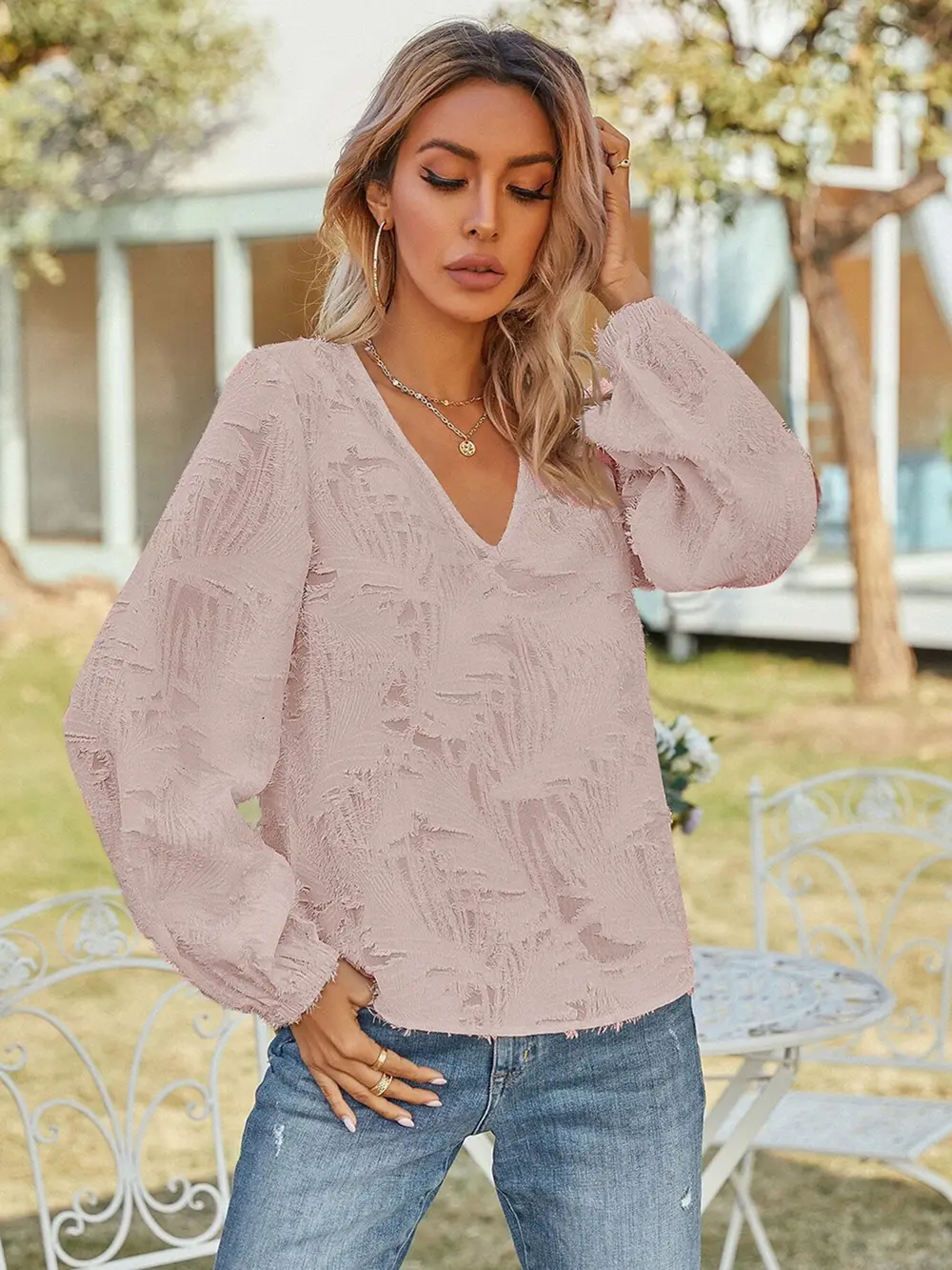 V-Neck Long Sleeve Blouse, image 6