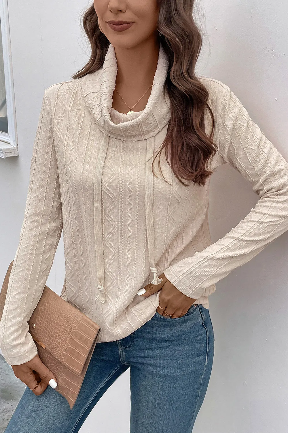 Tied Mock Neck Long Sleeve Knit Top, image 3