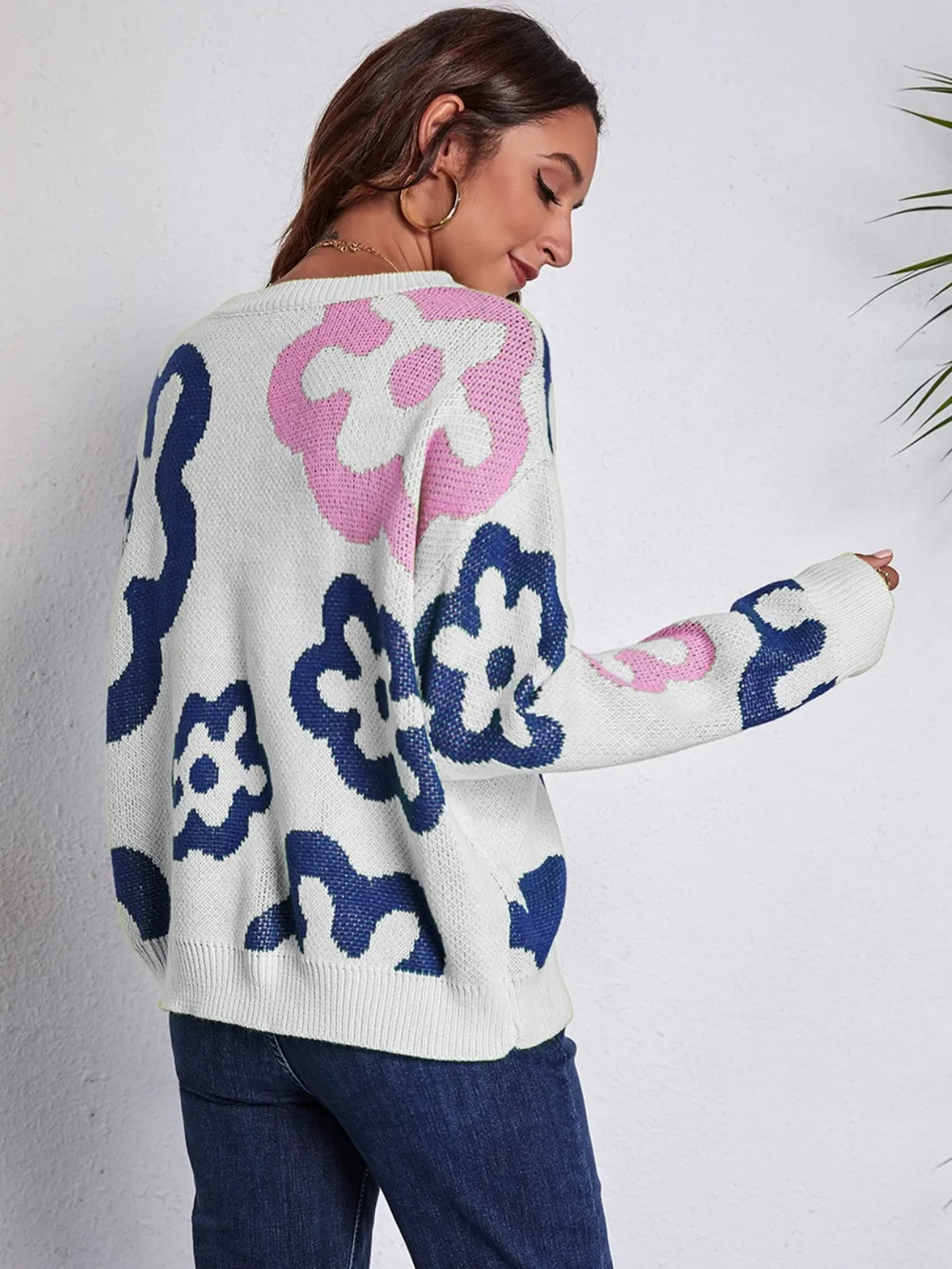 Flower Pattern Round Neck Long Sleeve Sweater, image 8