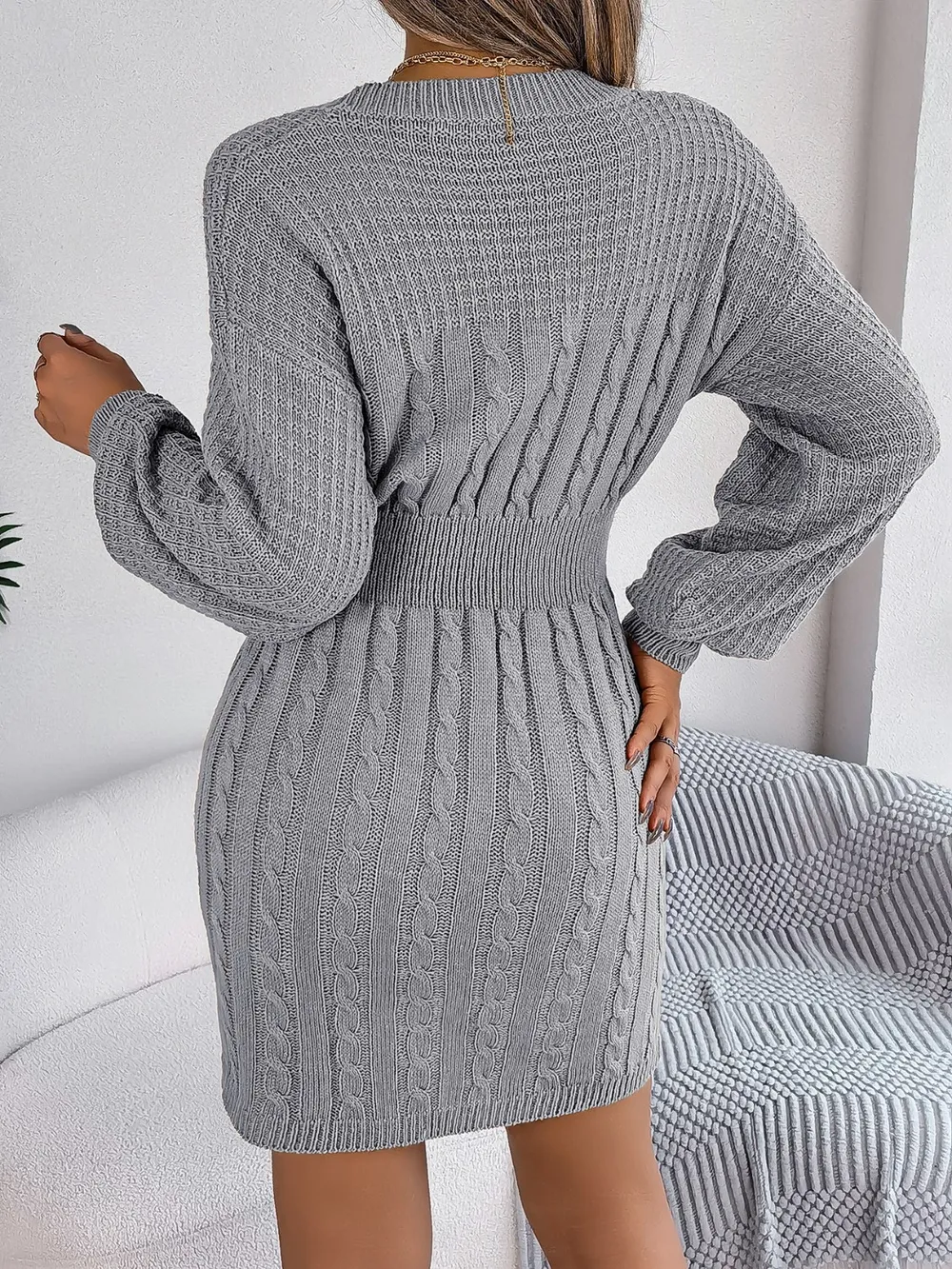 Cable-Knit Cutout Round Neck Slit Sweater Dress, image 2