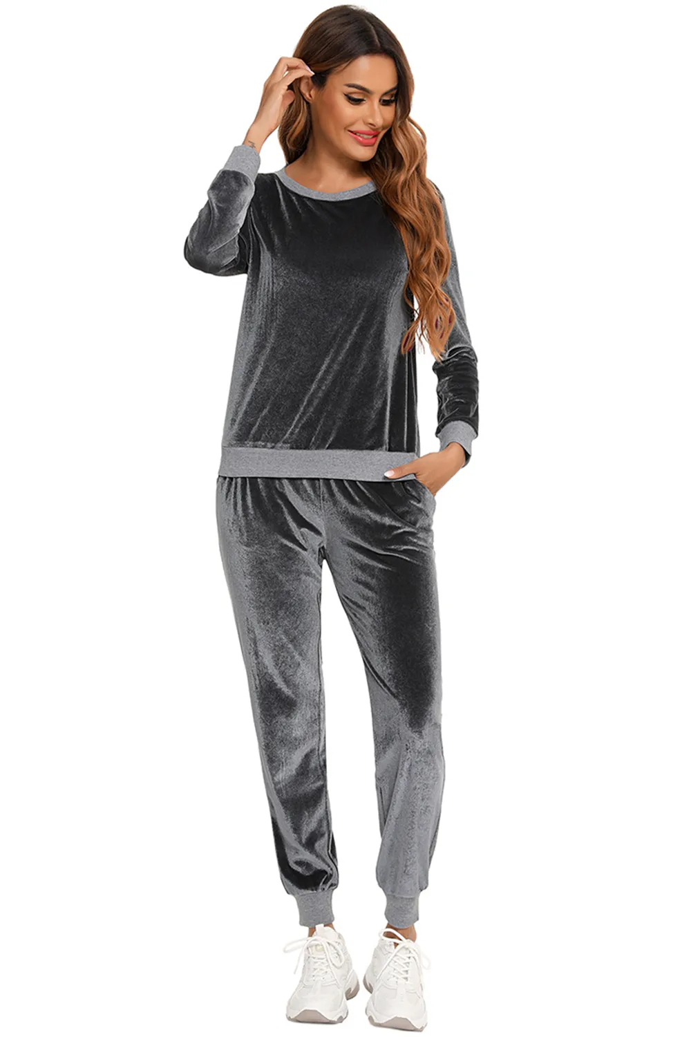 Round Neck Long Sleeve Loungewear Set with Pockets, image 4