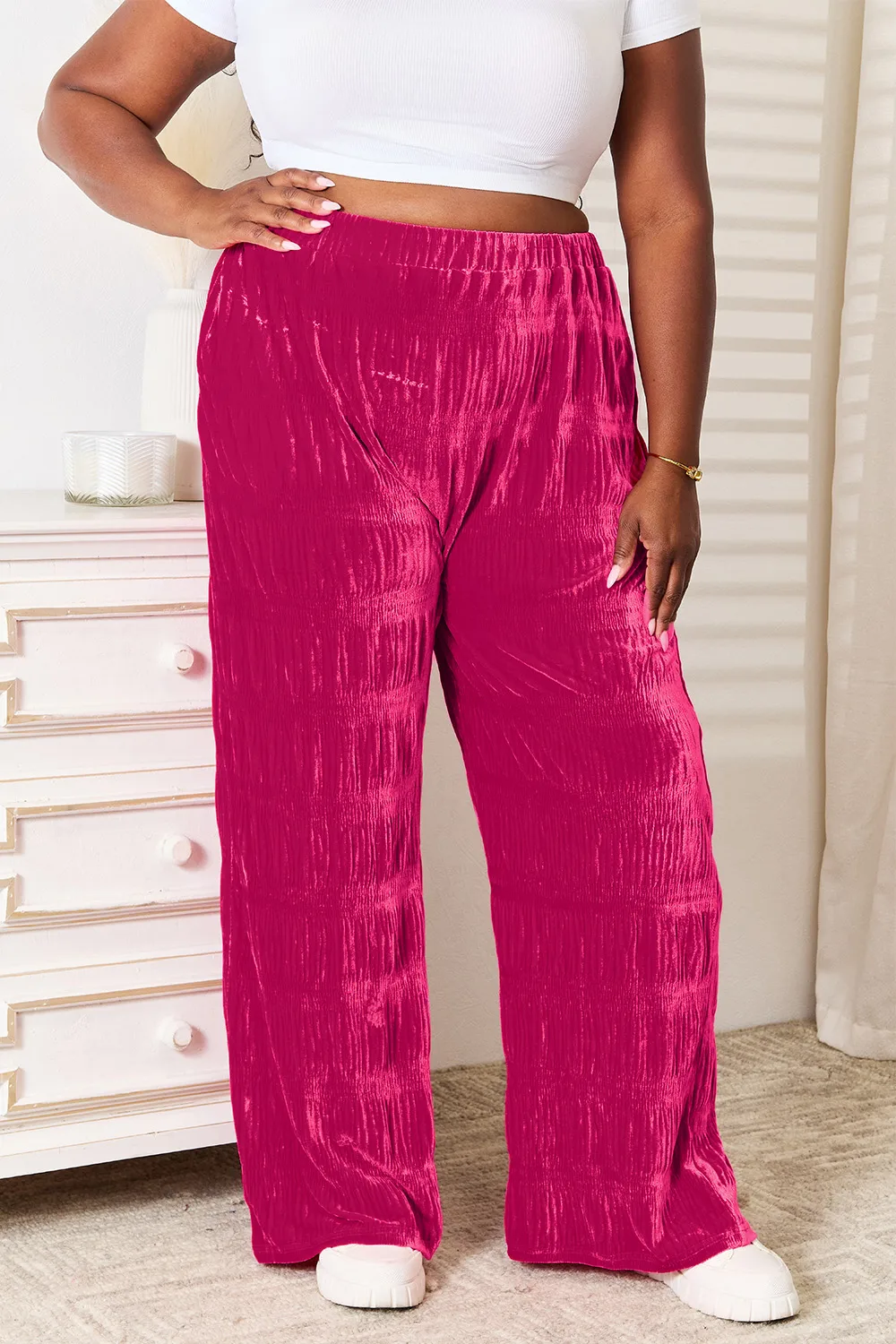 Full Size High Waist Tiered Shirring Velvet Wide Leg Pants, image 4
