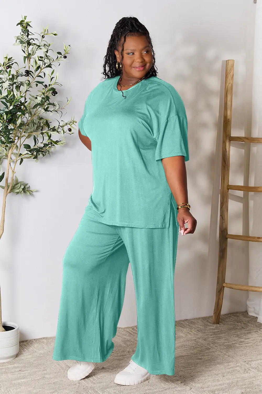 Full Size Round Neck Slit Top and Pants Set, image 18