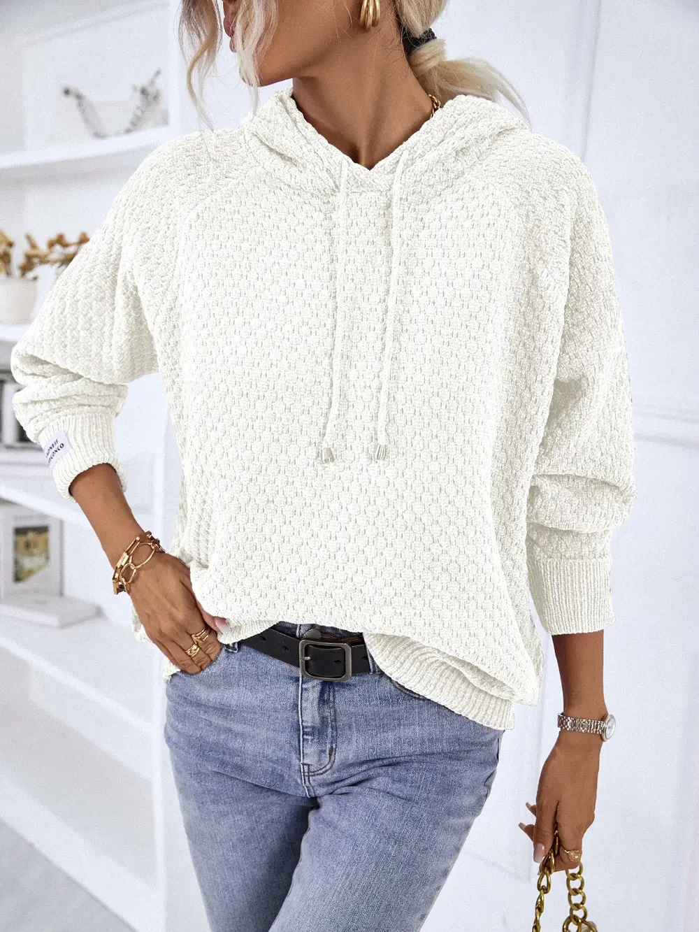 Texture Drawstring Long Sleeve Hooded Sweater, image 10