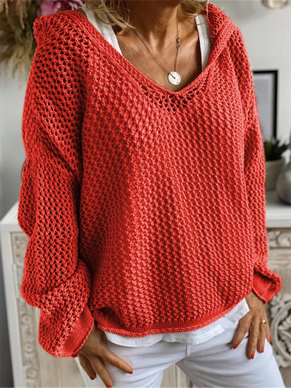 Openwork Hooded Long Sleeve Sweater, image 10