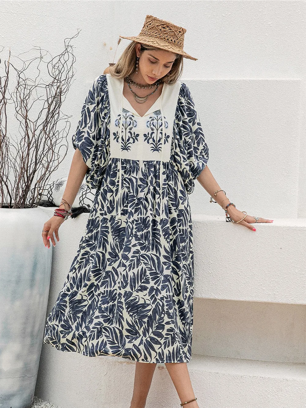 Printed Tie Neck Midi Dress, image 5