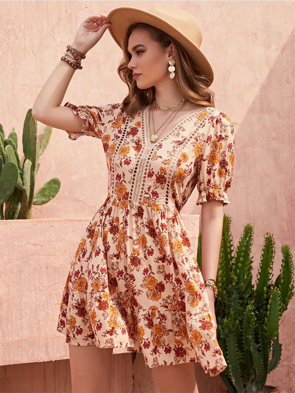 Floral V-Neck Flounce Sleeve Ruffle Hem Dress, image 4
