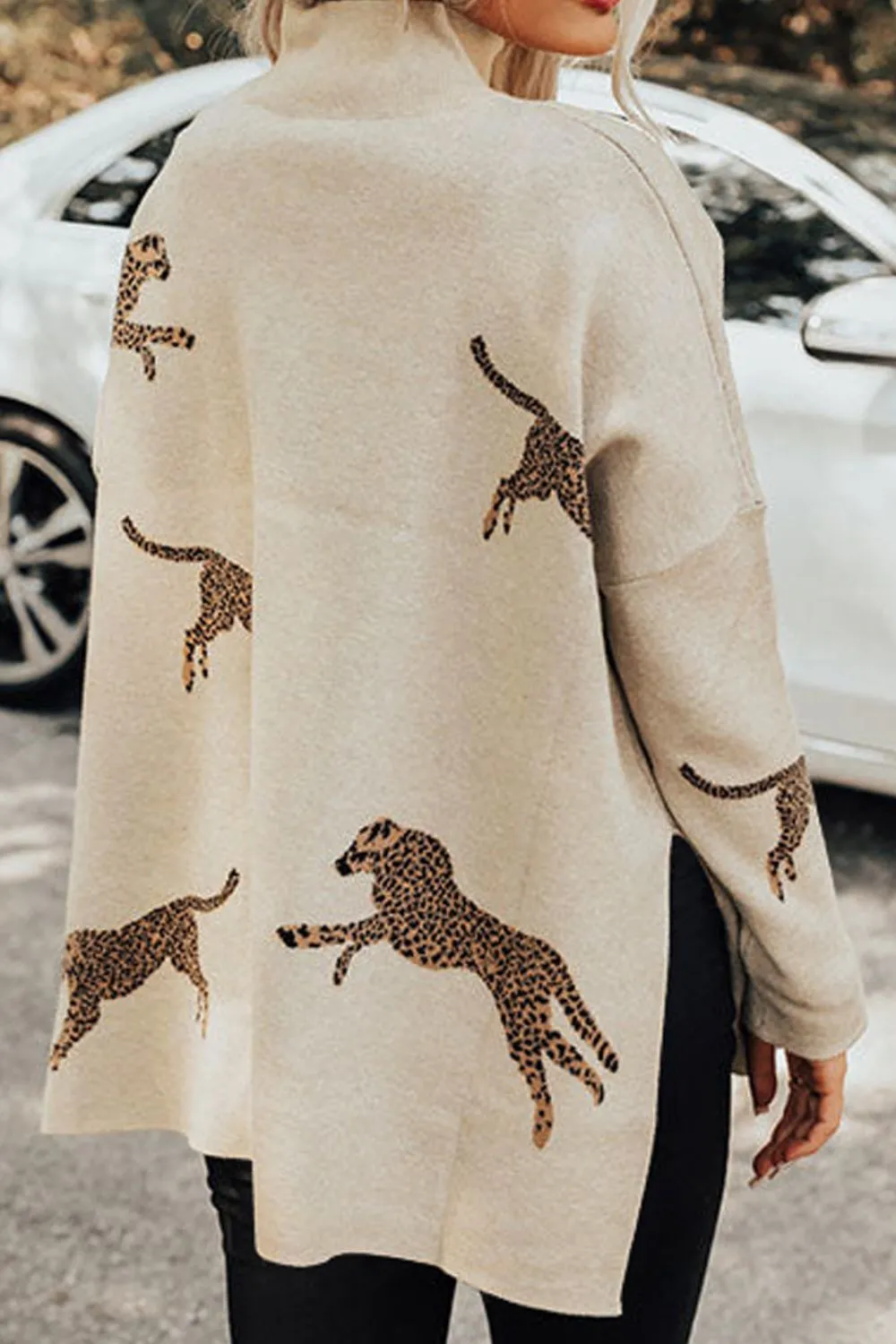 Animal Pattern Mock Neck Long Sleeve Slit Sweater, image 3