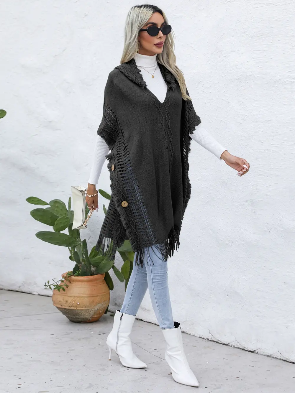 Fringe Trim Buttoned Hooded Poncho, image 11