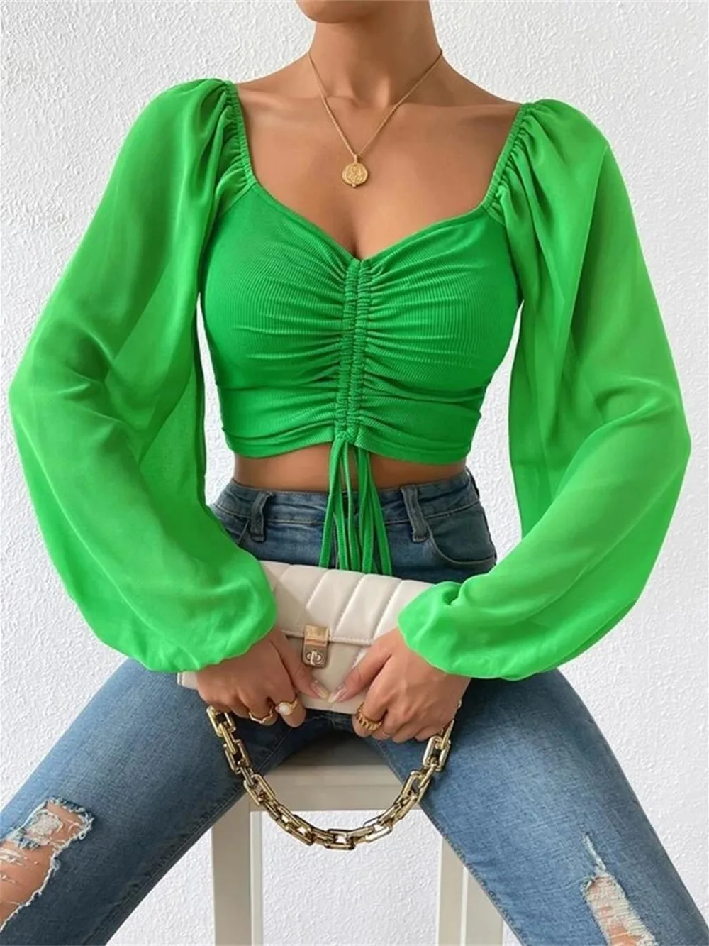 Drawstring Sweetheart Neck Cropped Top, image 22