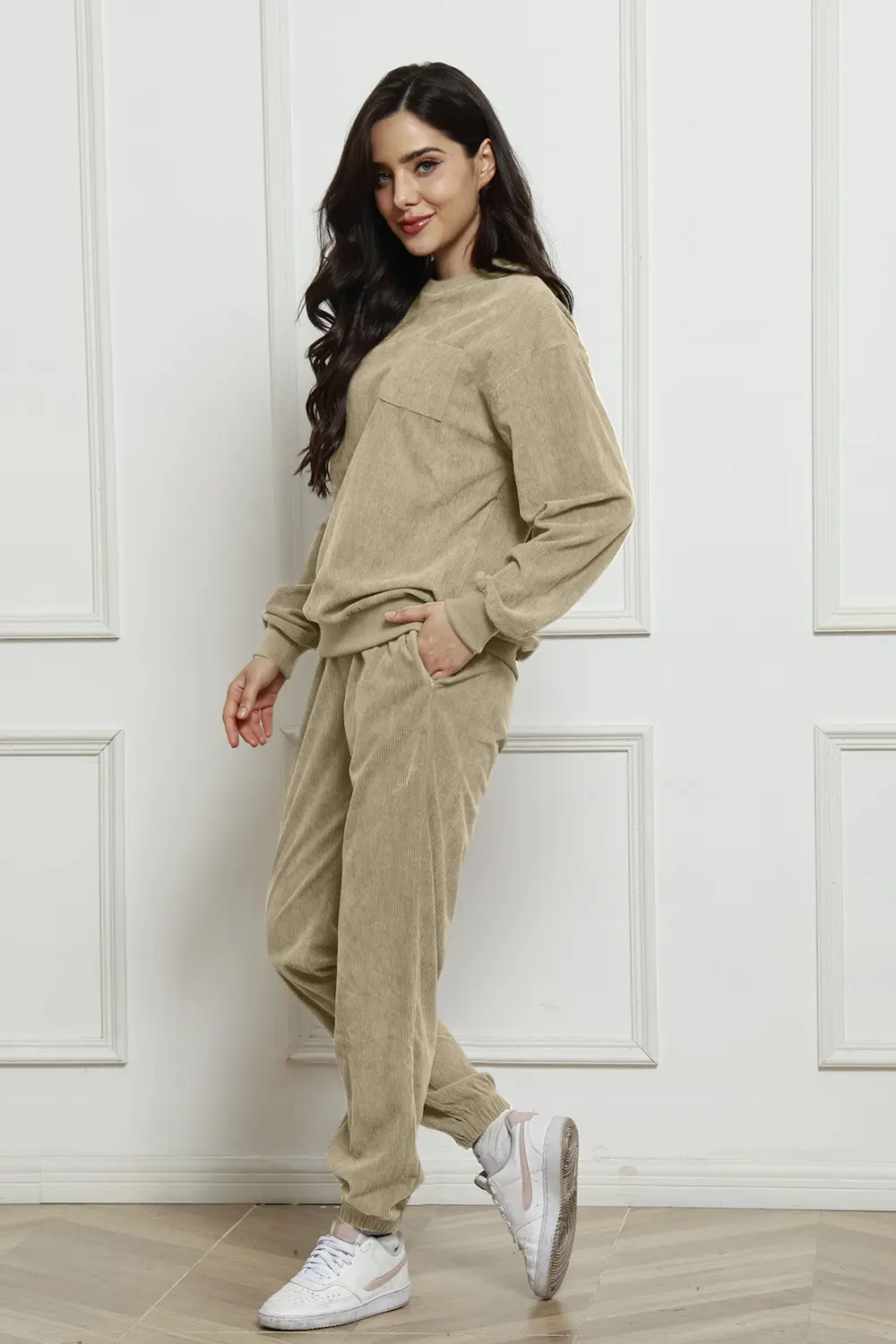 Corduroy Round Neck Sweatshirt and Sweatpants Set, image 15