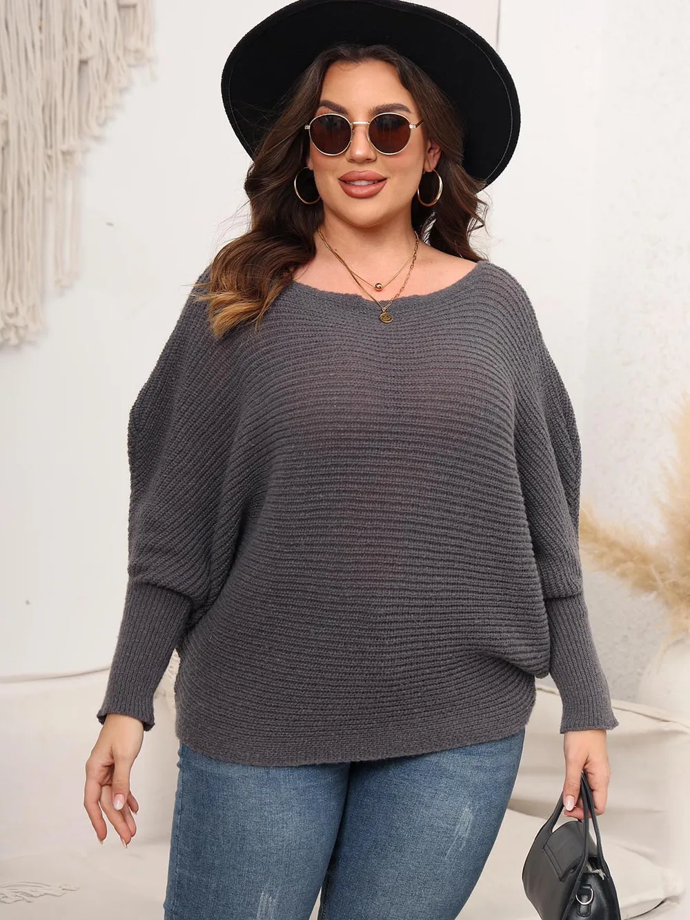 Full Size Boat Neck Batwing Sleeve Sweater, image 13