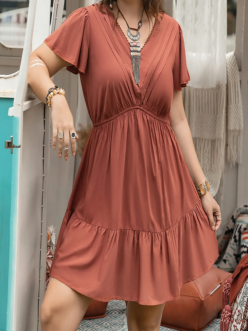 Plus Size Ruffle Hem V-Neck Short Sleeve Dress, image 5