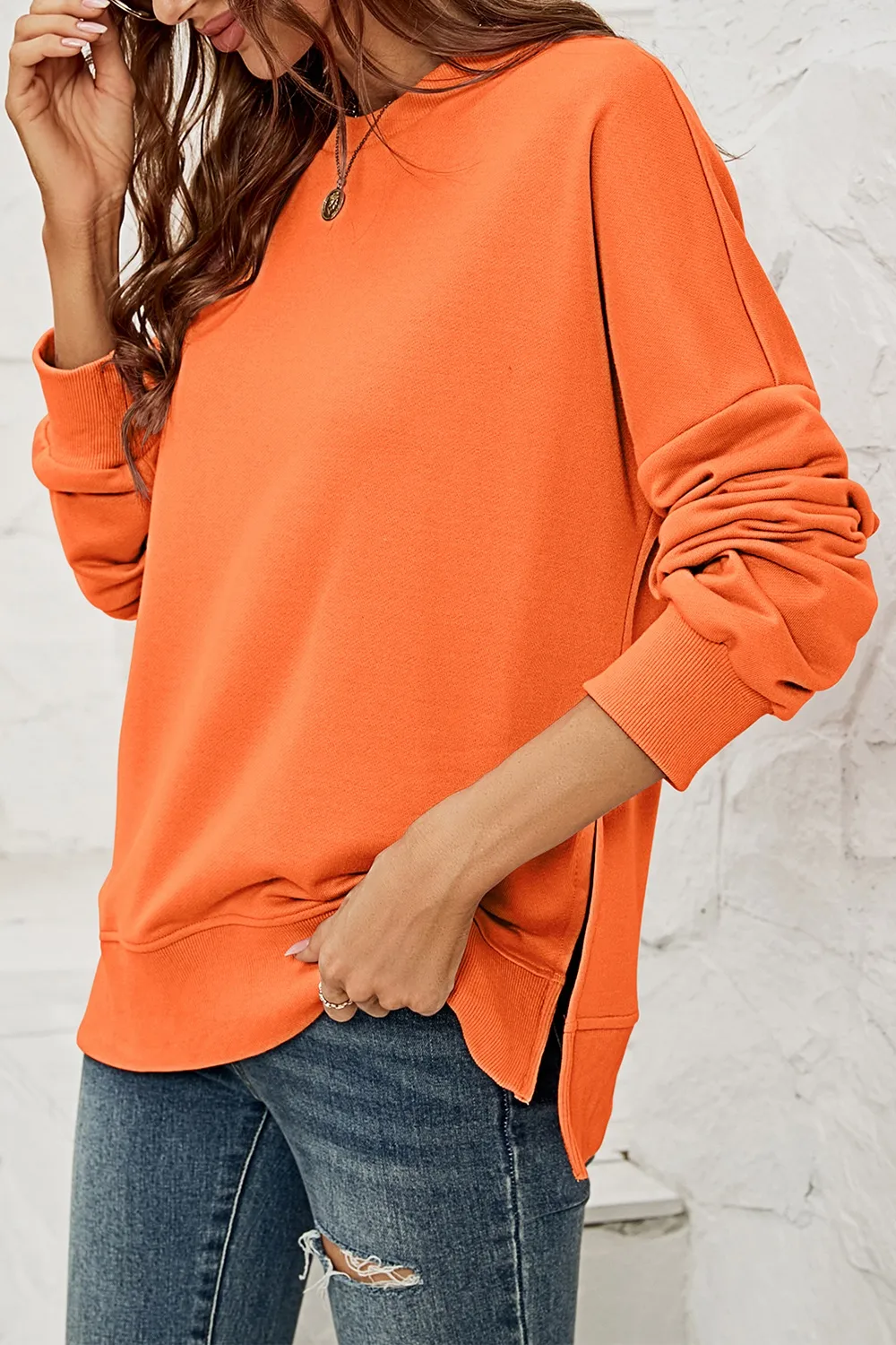 Round Neck Dropped Shoulder Slit Sweatshirt, image 3