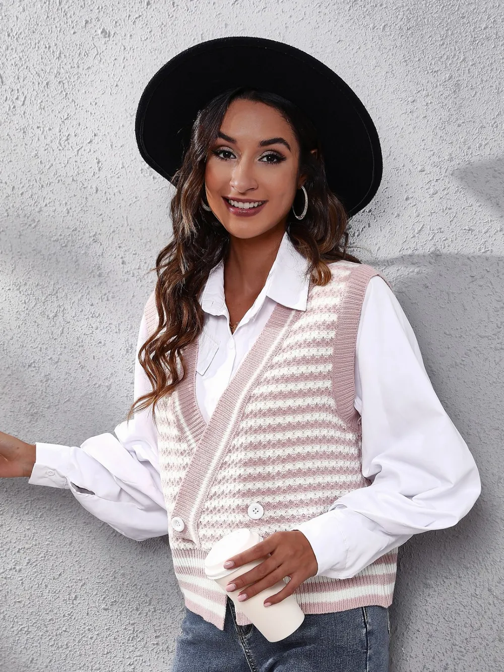 Striped Button Up V-Neck Sweater Vest, image 8