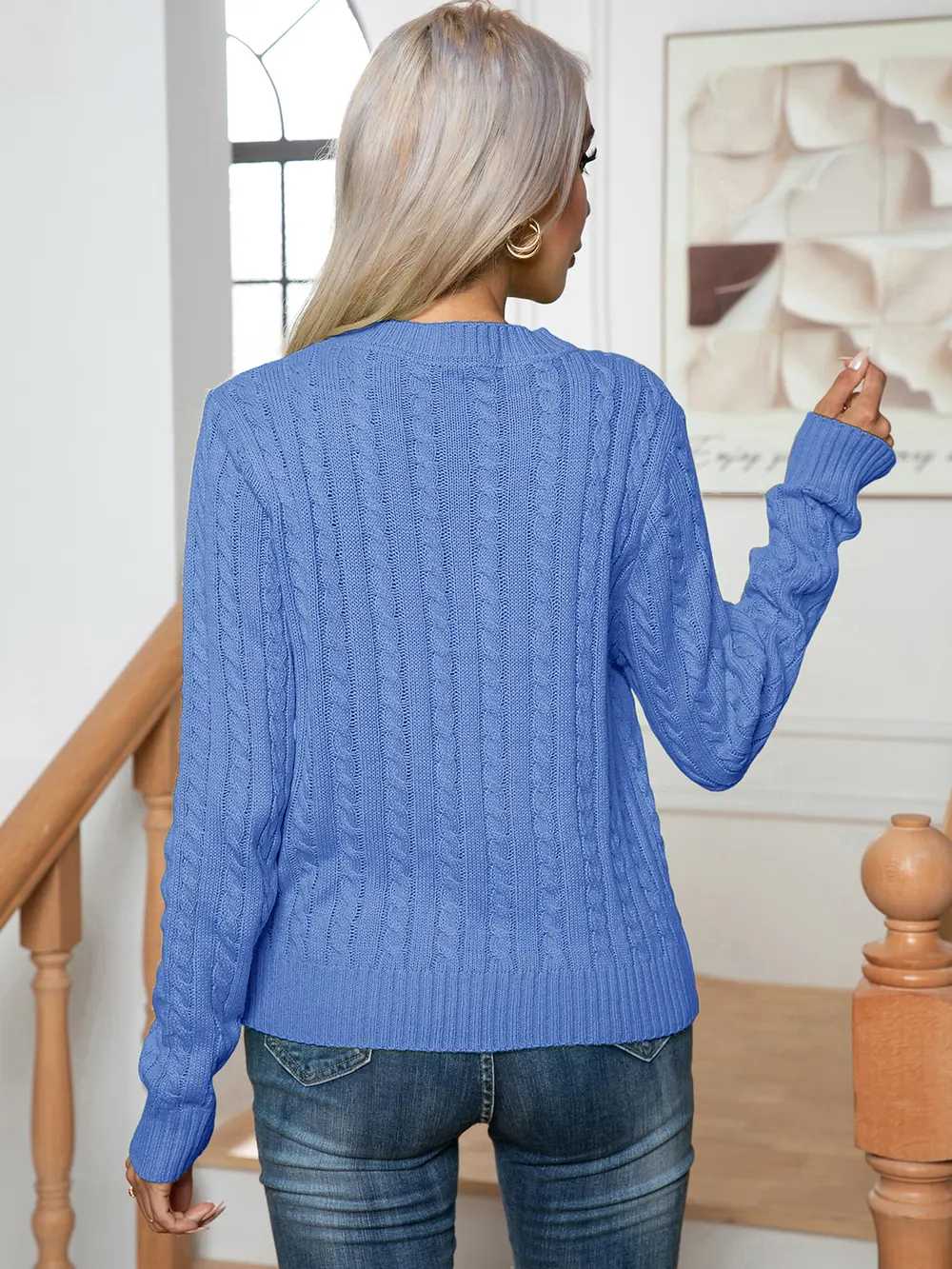 Cable-Knit Round Neck Long Sleeve Sweater, image 9