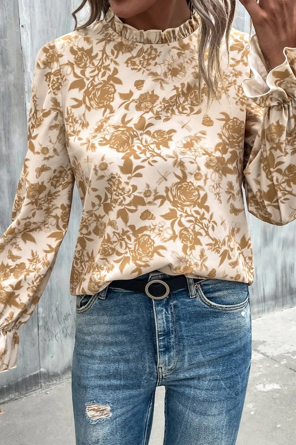 Floral Print Mock Neck Flounce Sleeve Blouse, image 6