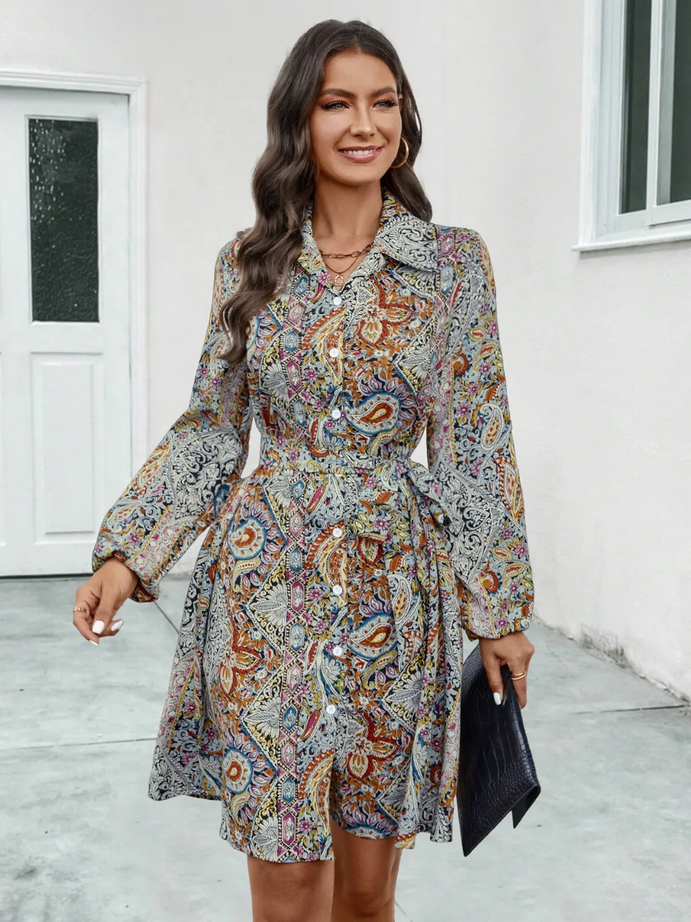 Printed Collared Neck Long Sleeve Dress, image 4