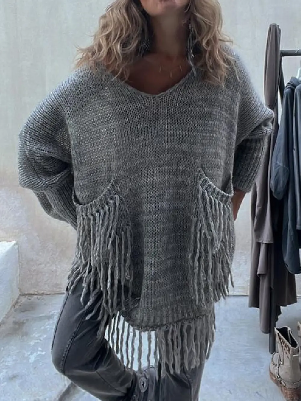 Fringe Detail Long Sleeve Sweater with Pockets, image 6