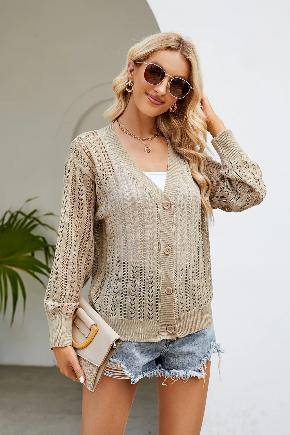 Openwork Button Front V-Neck Cardigan, image 6