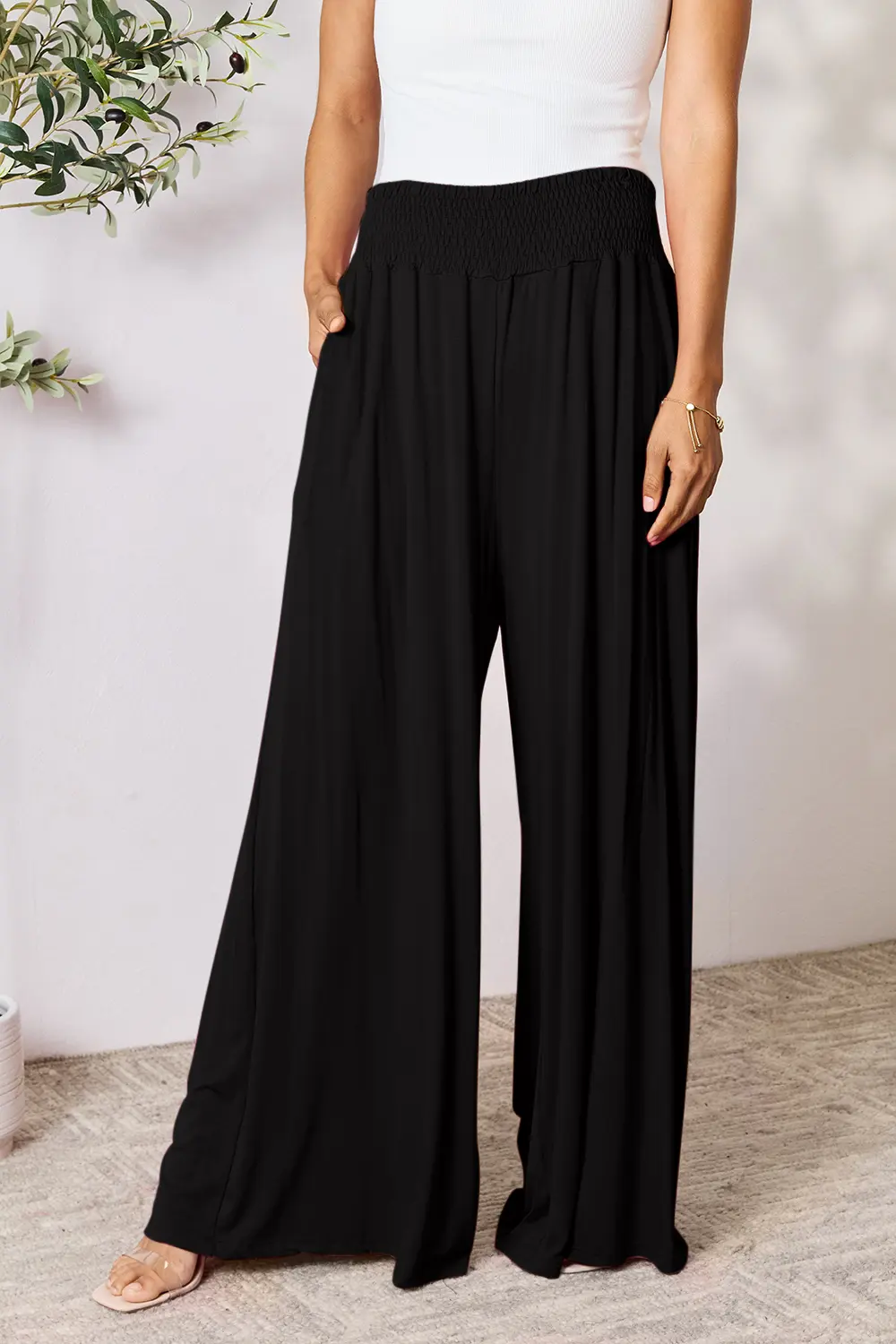 Full Size Smocked Wide Waistband Wide Leg Pants, image 14