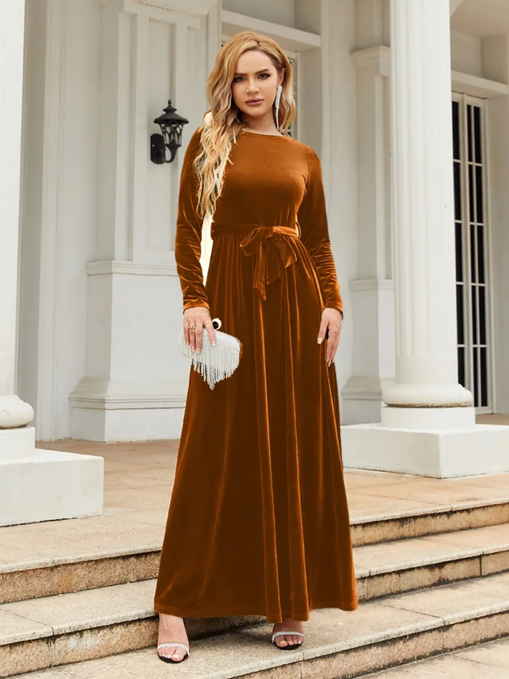 Tie Front Round Neck Long Sleeve Maxi Dress, image 13