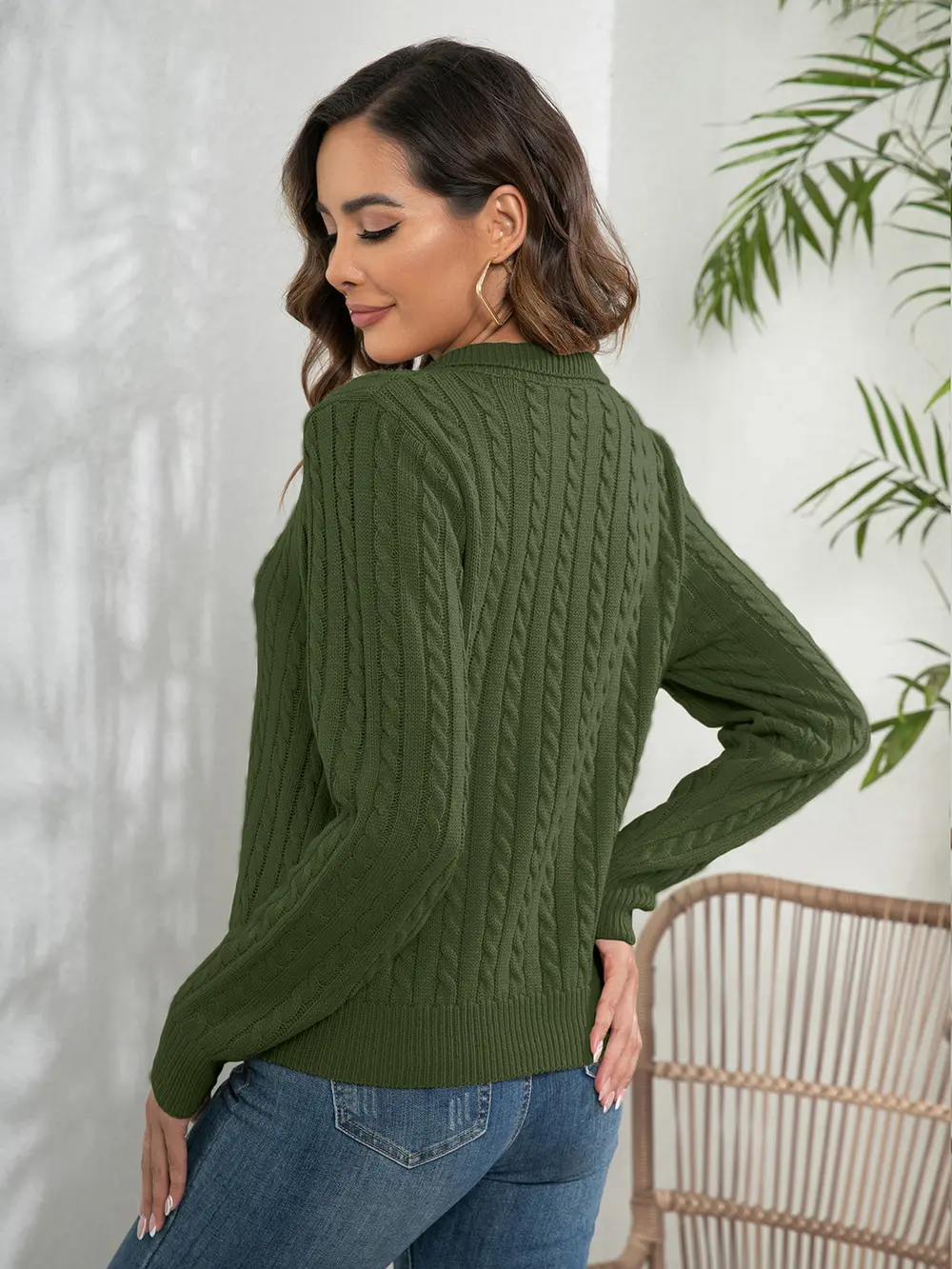 Johnny Collar Cable-Knit Long Sleeve Sweater, image 2