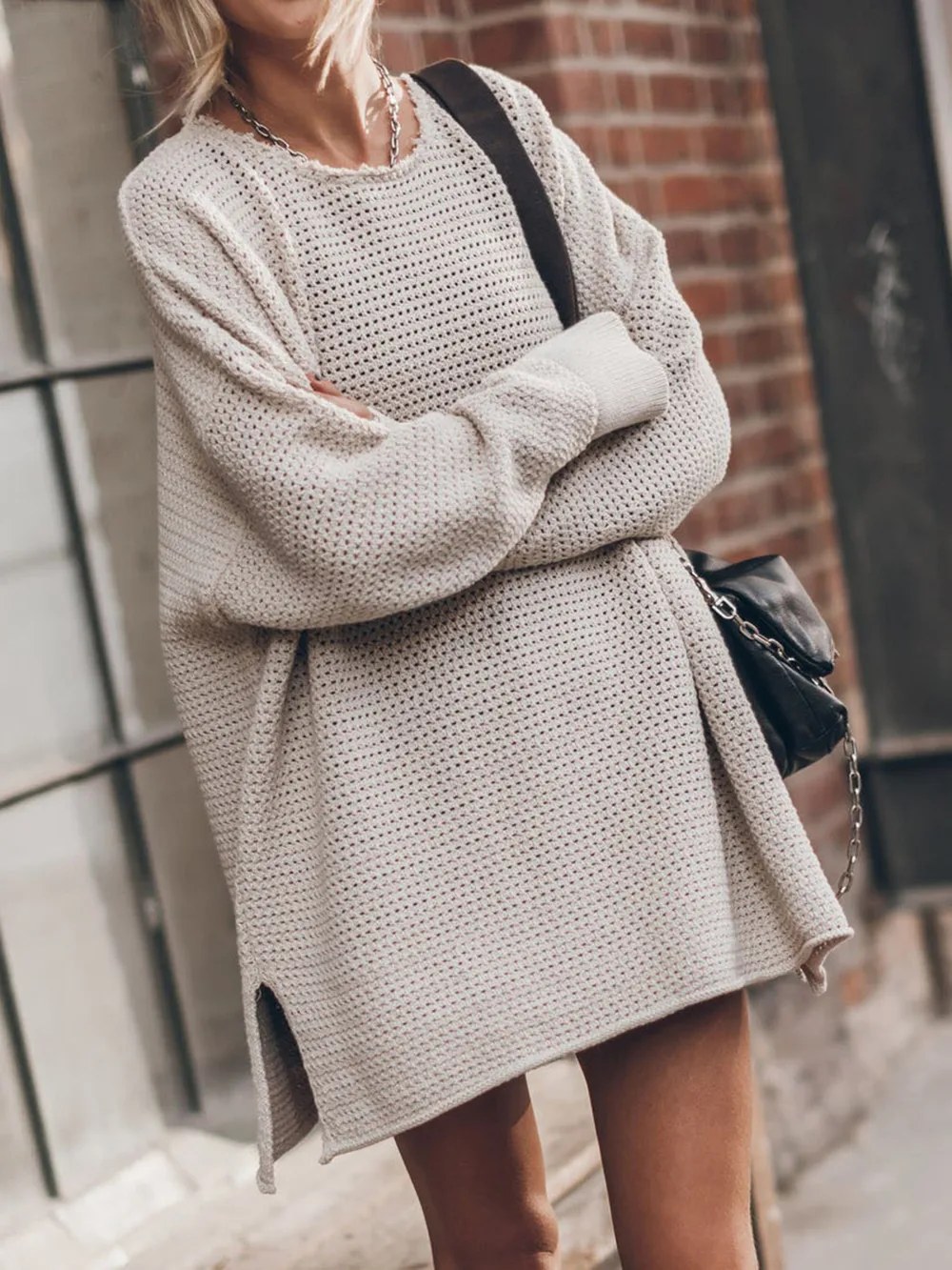 Openwork Round Neck Long Sleeve Slit Sweater, image 2