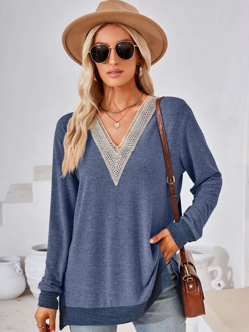 Crochet Contrast V-Neck Long Sleeve Slit T-Shirt, image 6