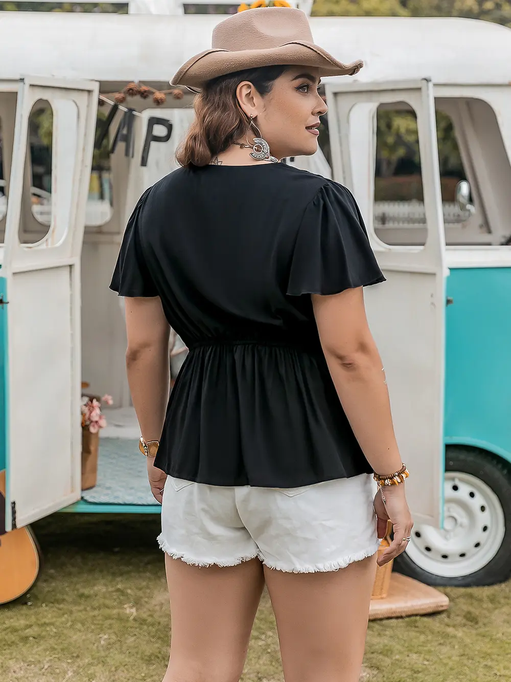 Plus Size V-Neck Flutter Sleeve Blouse, image 4