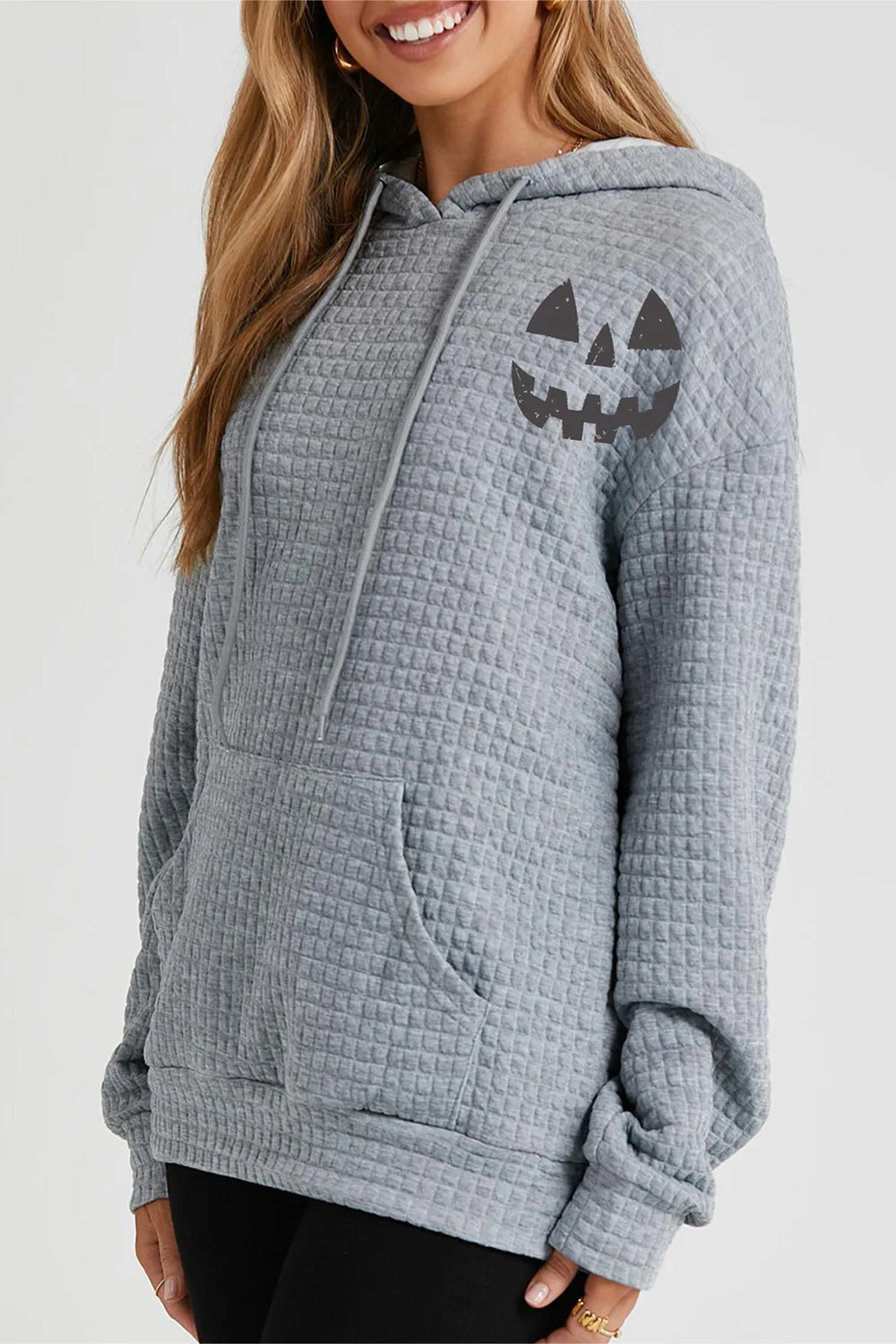 Pumpkin Face Graphic Drawstring Hoodie with Pocket, image 4