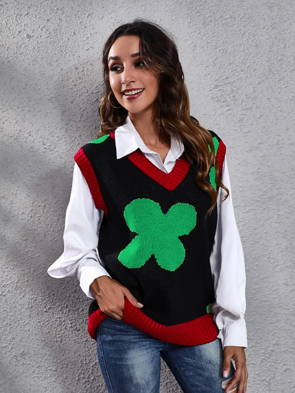 Four Leaf Clover V-Neck Sweater Vest, image 4