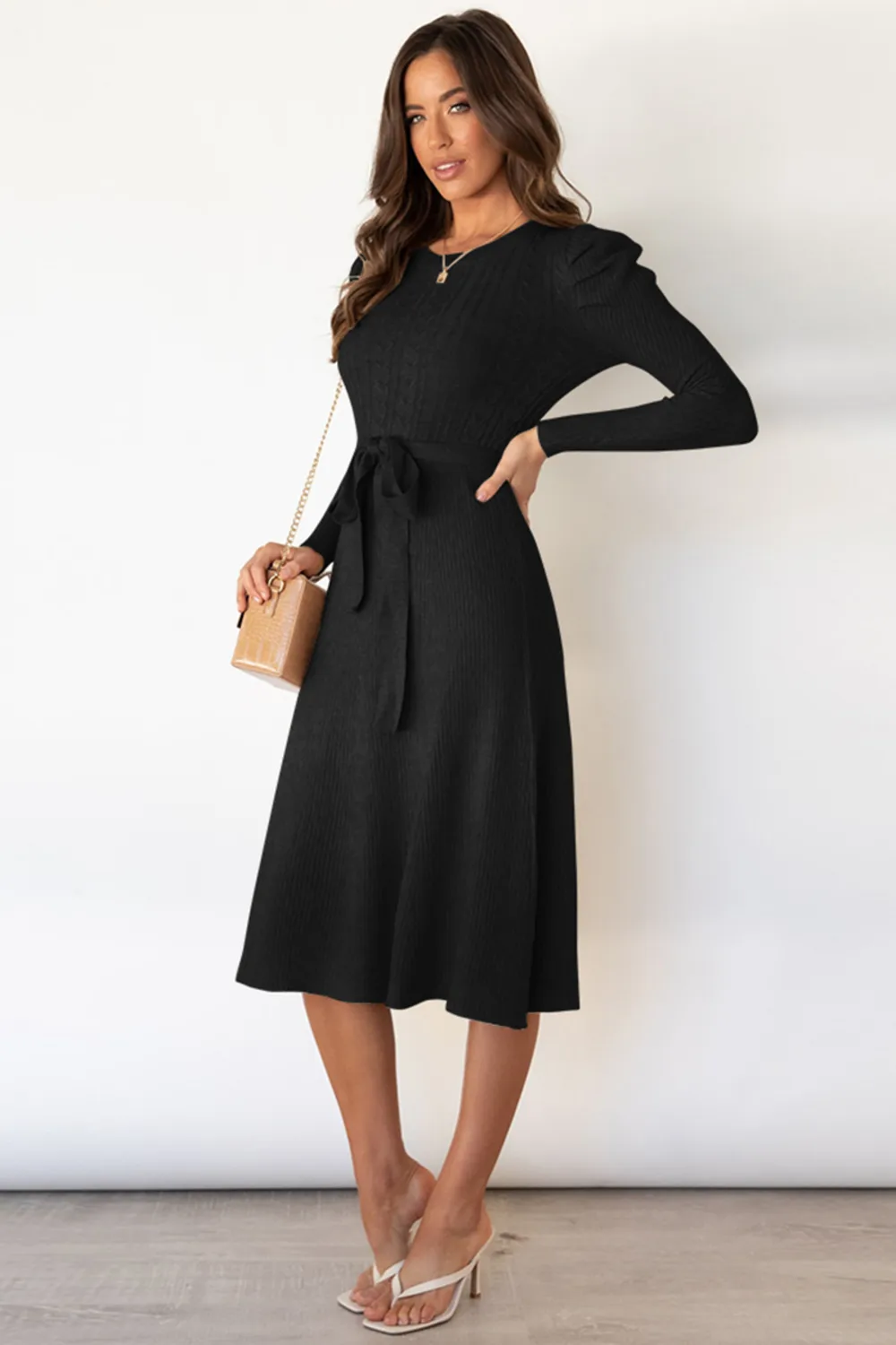 Round Neck Long Sleeve Tie Waist Sweater Dress, image 8