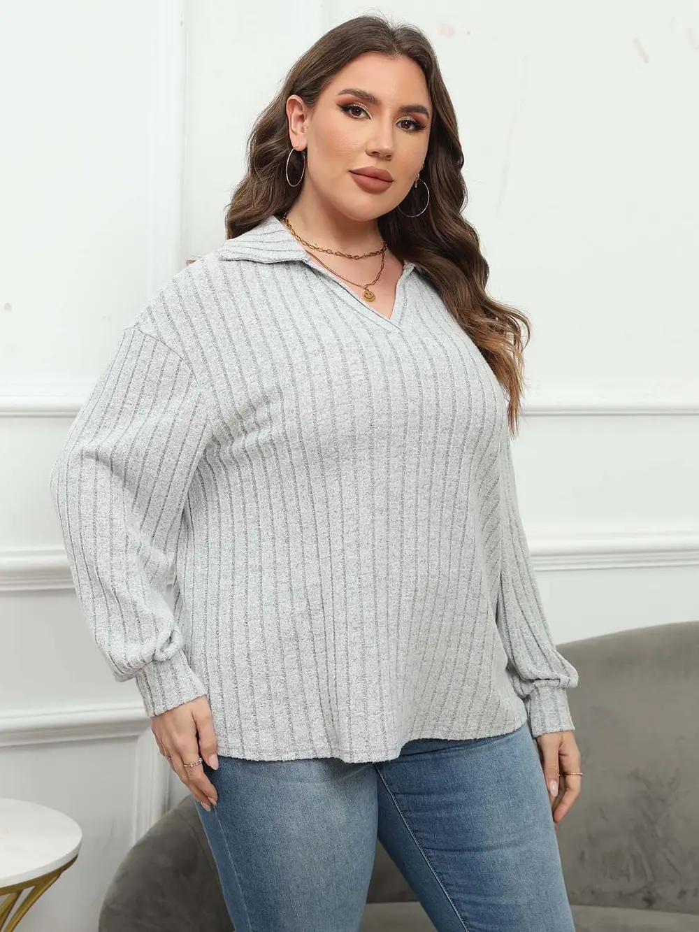 Plus Size Ribbed Collared Neck Long Sleeve Blouse, image 14