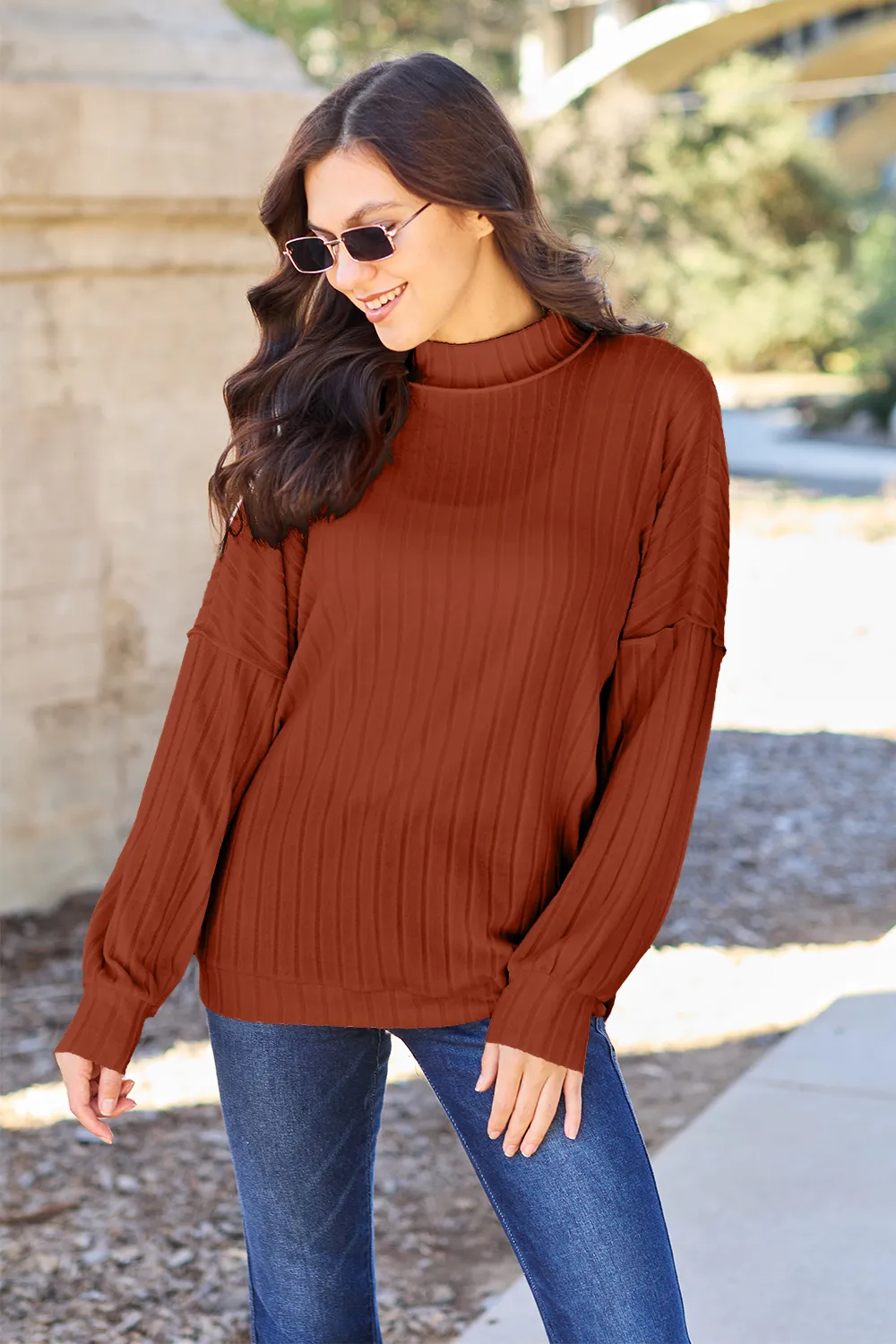 Full Size Ribbed Exposed Seam Mock Neck Knit Top, image 10