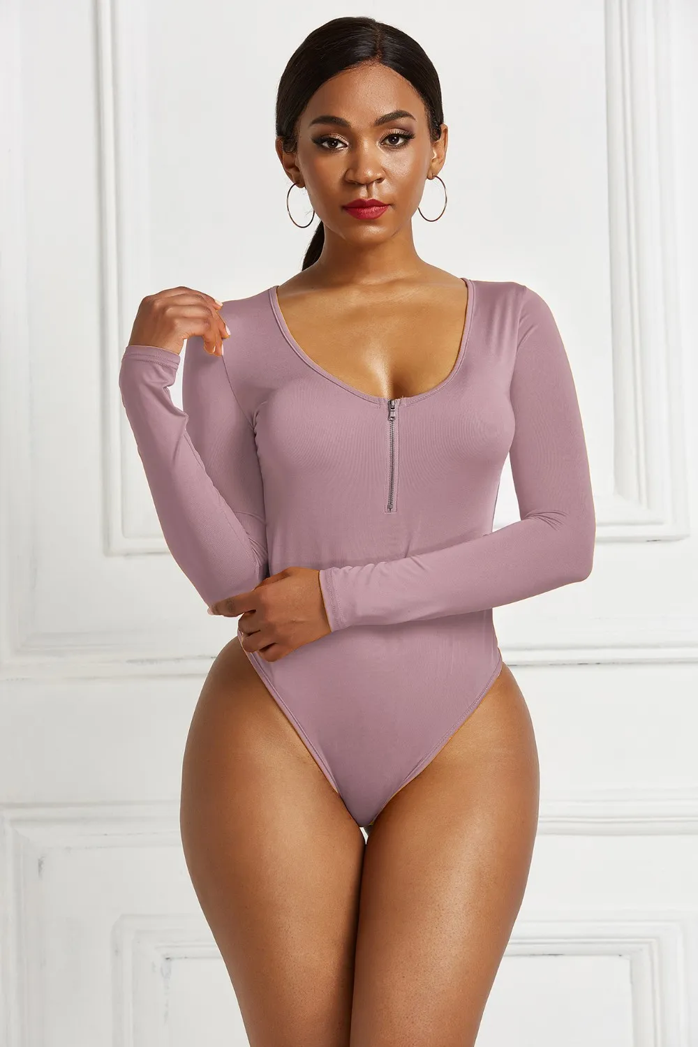 Half Zip Scoop Neck Long Sleeve Bodysuit, image 17