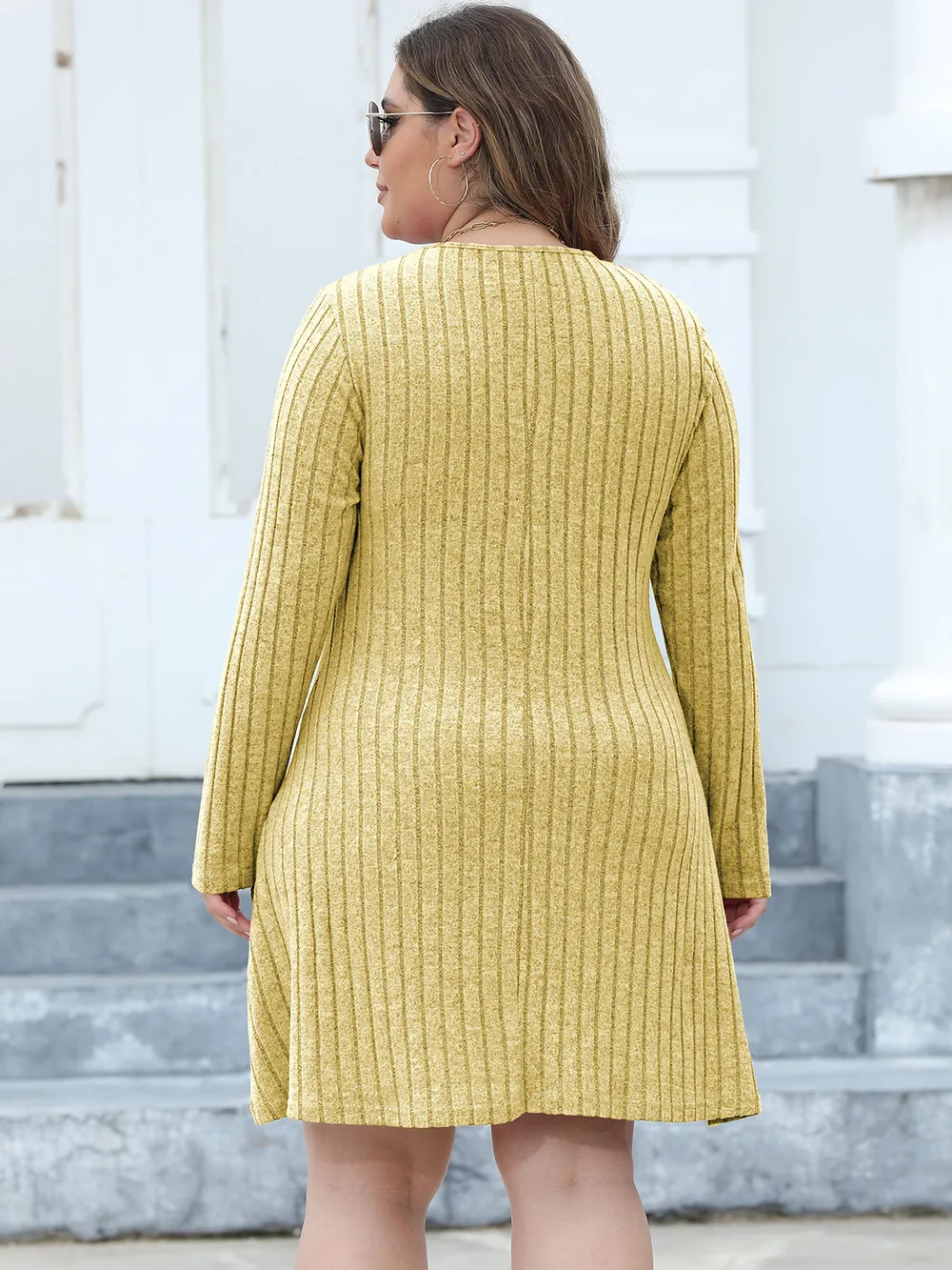 Plus Size Ribbed Buttoned V-Neck Long Sleeve Dress, image 10