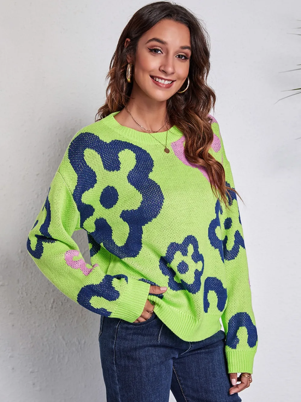 Flower Pattern Round Neck Long Sleeve Sweater, image 2