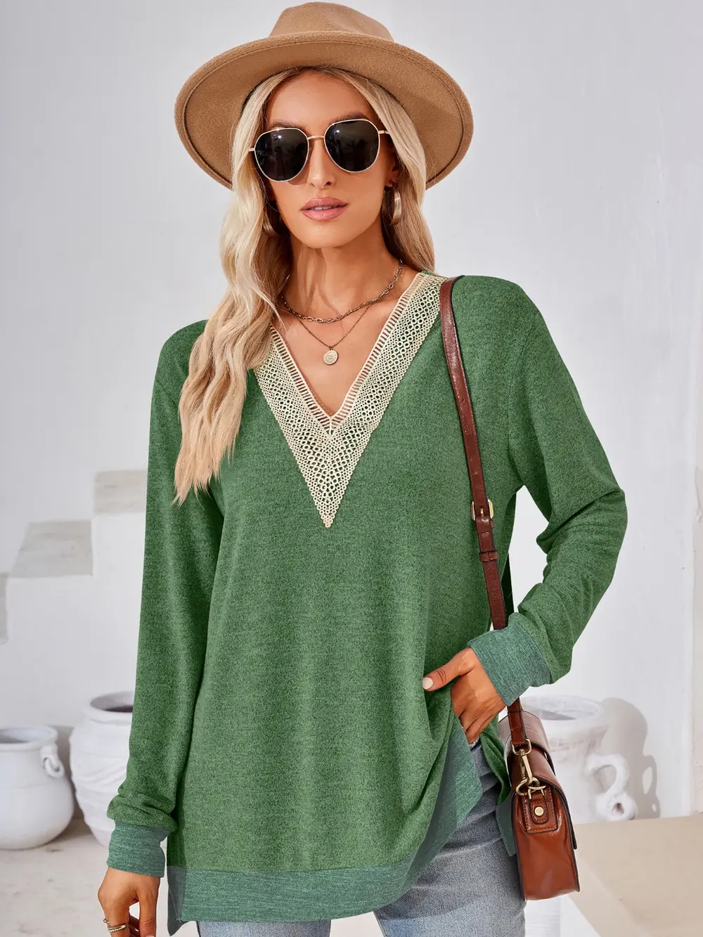 Crochet Contrast V-Neck Long Sleeve Slit T-Shirt, image 15
