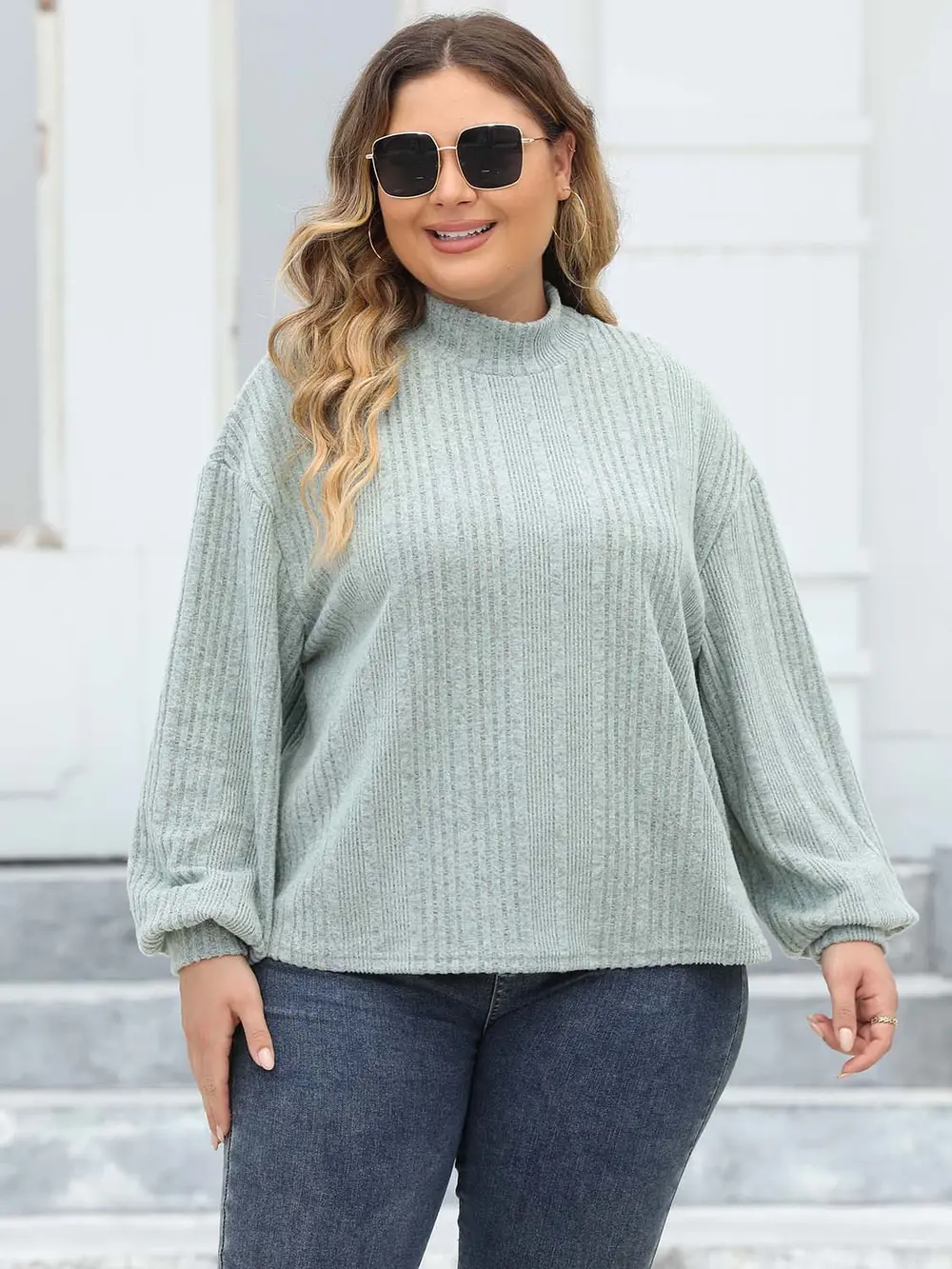 Plus Size Mock Neck Long Sleeve Knit Top, image 6